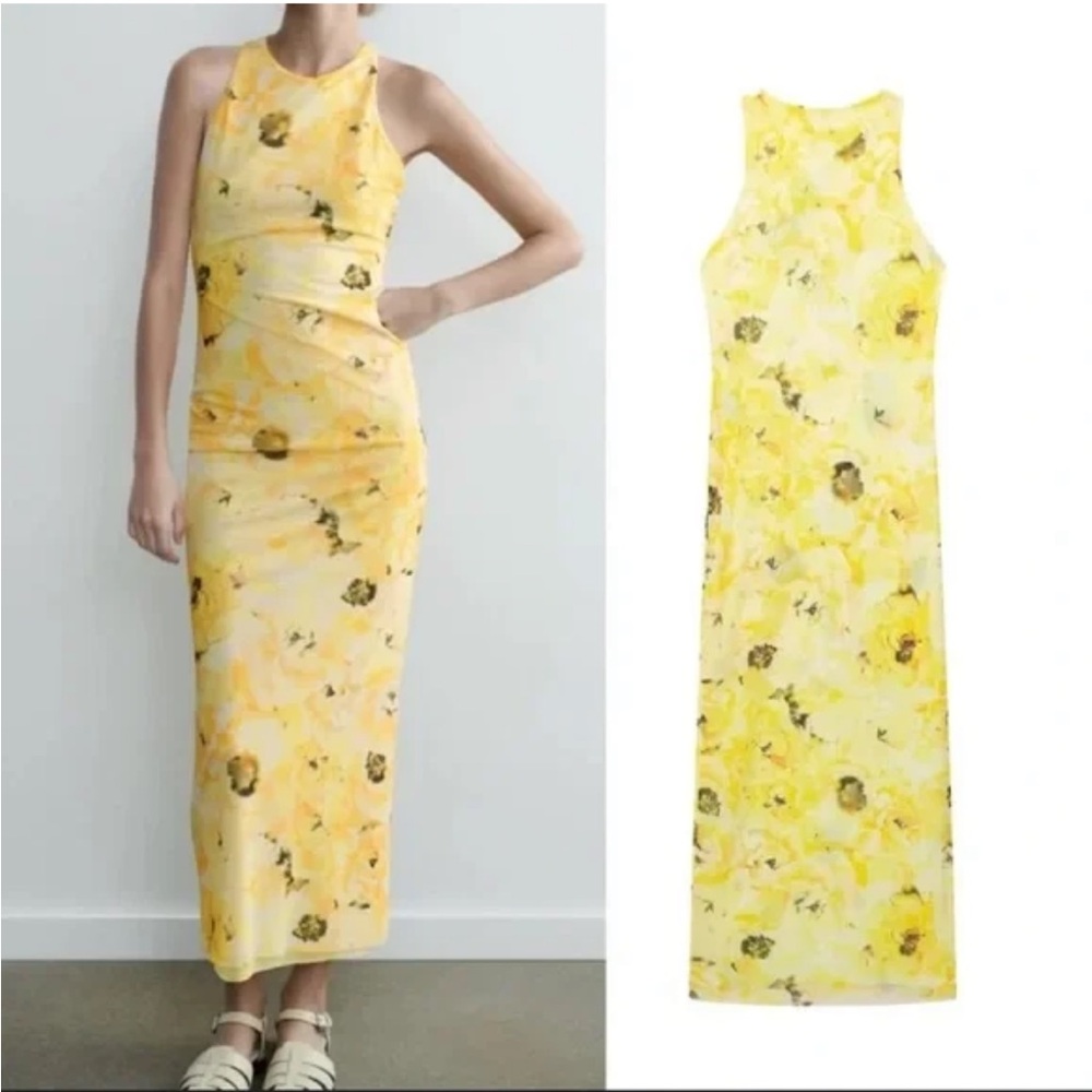 Zara Yellow Halter Twist Back Sheath Maxi Dress